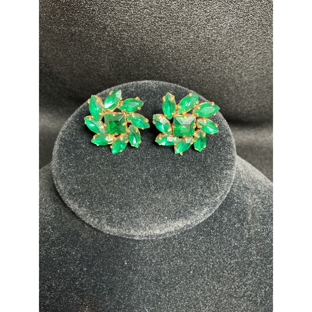 Vintage Czech Stamped Screw Back Floral Rhinestone Cluster Earrings